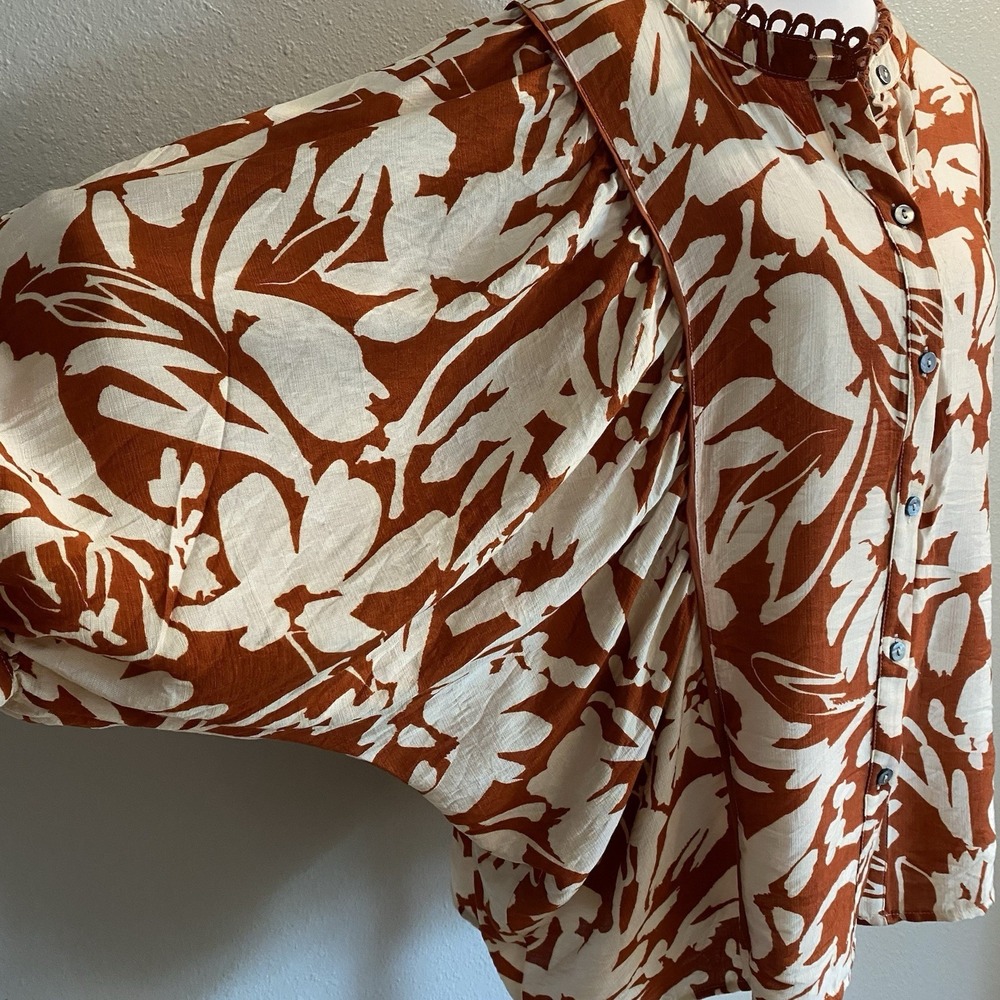 Entro Floral 3/4 Balloon Sleeve Button Down Blouse Rust Ivory Small Boutique - Picture 2 of 12